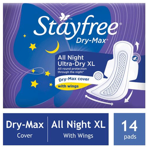 STAYFREE Sanitary Pads - Dry-Max All Night Ultra-Dry Xl, with Wings, 14 Pads